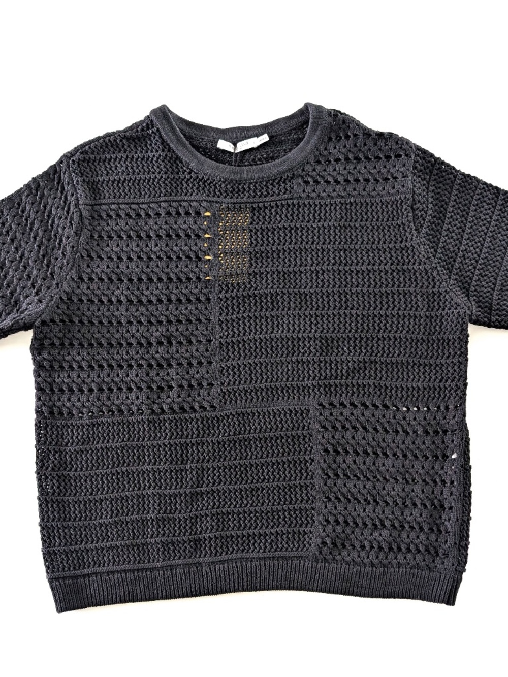 M.M. LAFLEUR Sina Crochet Knit Top Black Size L Cotton Short Sleeve Sweater NWT